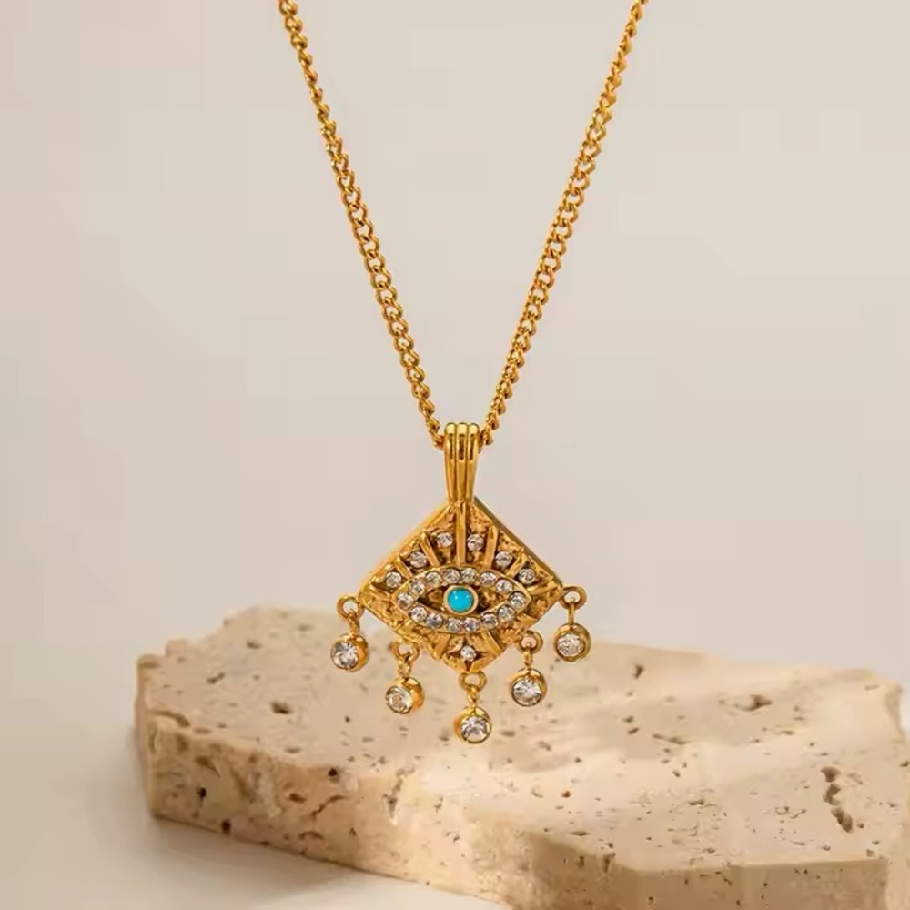 18K Gold Plated Turquoise Evil Eye Pendant Necklace*Cubic Zirconia*Satellite*MJ
